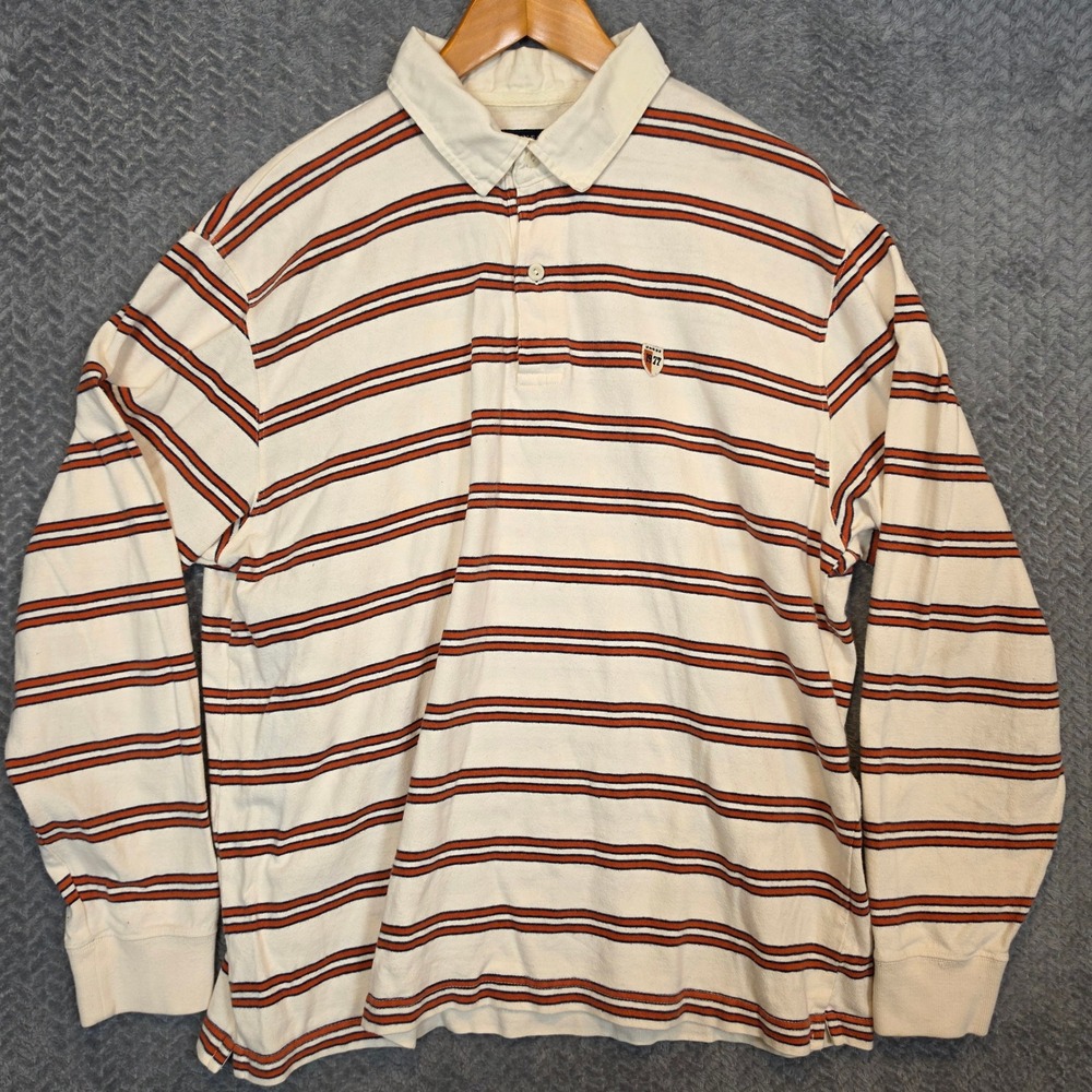 American Eagle Mens XL Long Sleeve Striped Rugby Polo Shirt Cream Orange